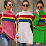 Fashion Women Knitted Sweater Colorful Stripes Turtleneck Long Sleeve Loose Warm Jumper Pullover Knitwear White/Green/Rose