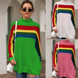 Fashion Women Knitted Sweater Colorful Stripes Turtleneck Long Sleeve Loose Warm Jumper Pullover Knitwear White/Green/Rose