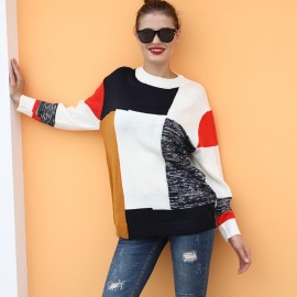 New Winter Women Knitted Sweater Top Multicolor Block O-Neck Long Sleeve Loose Casual Pullover Tee Shirt White