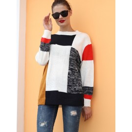 New Winter Women Knitted Sweater Top Multicolor Block O-Neck Long Sleeve Loose Casual Pullover Tee Shirt White