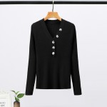 Women Knitted Sweatshirt Solid V-neck Long Sleeves Button Autumn Winter Knitting Tunic Tops Blouse