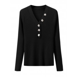 Women Knitted Sweatshirt Solid V-neck Long Sleeves Button Autumn Winter Knitting Tunic Tops Blouse