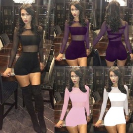 New Sexy Women Jumpsuit Mesh Lace Round Neck Long Sleeve Bodycon Short Rompers Bodysuit Outfits
