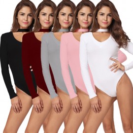Sexy Women Jumpsuit Ribbed Solid Color V-Neck Long Sleeves Zipper Beach Bodysuit Rompers