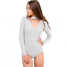 Sexy Women Jumpsuit Ribbed Solid Color V-Neck Long Sleeves Zipper Beach Bodysuit Rompers