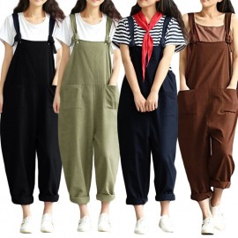 New Women Loose Jumpsuit Overalls Solid Sleeveless Pockets Wide Legs Casual Dungarees Playsuit Rompers