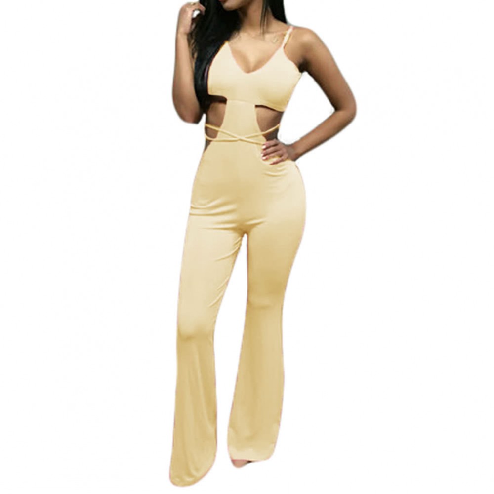 New Sexy Women Flared Leg Jumpsuit Spaghetti Strap Strappy Open Back Cutout Waist Rompers Rose/Beige