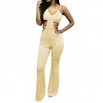 New Sexy Women Flared Leg Jumpsuit Spaghetti Strap Strappy Open Back Cutout Waist Rompers Rose/Beige
