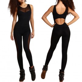 New Sexy Women Sport Gym Jumpsuit Solid Mesh Round Neck Sleeveless Fitness Leotards Athletic Playsuit Yoga Pants Black