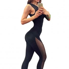New Sexy Women Sport Gym Jumpsuit Solid Mesh Round Neck Sleeveless Fitness Leotards Athletic Playsuit Yoga Pants Black