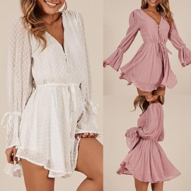 Women Chiffon Jumpsuit V Neck Long Sleeves Bell Cuff Button Dot Summer Casual Playsuit Rompers
