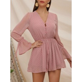 Women Chiffon Jumpsuit V Neck Long Sleeves Bell Cuff Button Dot Summer Casual Playsuit Rompers