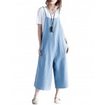 Women Loose Suspender Trousers Solid Color Casual Overalls Jumpsuit Female Long Pants Pockets Playsuit Rompers Black/Blue