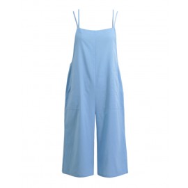 Women Loose Suspender Trousers Solid Color Casual Overalls Jumpsuit Female Long Pants Pockets Playsuit Rompers Black/Blue