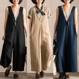 Vintage Women Cotton Wide Leg Jumpsuit Plus Size V Neck Sleeveless Side Pockets Romper Full Length Overalls