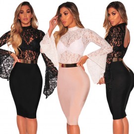 Sexy Floral Lace Jumpsuit Long Bell Sleeves Turtle Neck Hollow Out Backless Sheer Bodysuit Bodycon Rompers