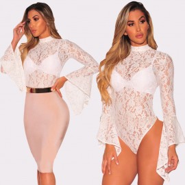 Sexy Floral Lace Jumpsuit Long Bell Sleeves Turtle Neck Hollow Out Backless Sheer Bodysuit Bodycon Rompers
