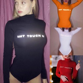 Women Letter Print Jumpsuit Bodysuit Turtleneck Long Sleeves Bodycon Playsuit Casual Streetwear Outfit Rompers