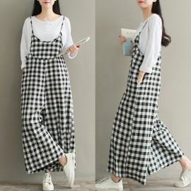 Women Loose Wide Legs Jumpsuit Plaid Spaghetti Straps Casual Playsuit Rompers Oversized Overalls