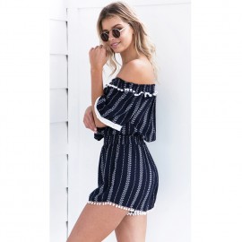 Sexy Women Off Shoulder Jumpsuit Vertical Striped Pom-Pom Half Sleeve Summer Beach Short Playsuit Romper Dark Blue