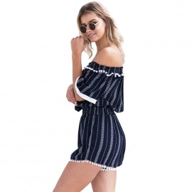 Sexy Women Off Shoulder Jumpsuit Vertical Striped Pom-Pom Half Sleeve Summer Beach Short Playsuit Romper Dark Blue