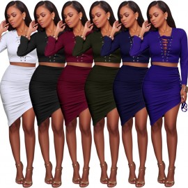 Sexy Women Two-piece Set Deep V Neck Crop Top Long Sleeve Bandage Asymmetric Bodycon Skirt Suits Party Clubwear
