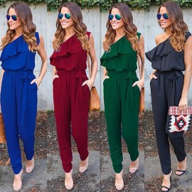 Sexy Women Oblique Playsuit Solid Color Ruffle Self-tie Sleeveless Beach Casual Rompers Jumpsuit