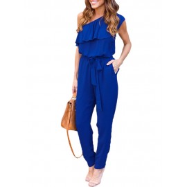 Sexy Women Oblique Playsuit Solid Color Ruffle Self-tie Sleeveless Beach Casual Rompers Jumpsuit