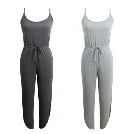 New Fashion Women Jumpsuit Spaghetti Strap Drawstring Waist Side Split Solid Playsuit Rompers Light Grey/Grey