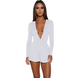 Sexy Women Jumpsuit Solid Color Plunge V Neck Long Sleeve Casual Slim Short Playsuit Rompers