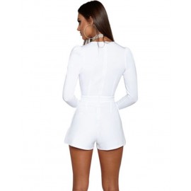 Sexy Women Jumpsuit Solid Color Plunge V Neck Long Sleeve Casual Slim Short Playsuit Rompers