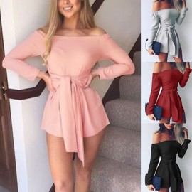 Sexy Women Off Shoulder Jumpsuit Solid Color Long Sleeve Bandage Casual Slim Short Playsuit Rompers