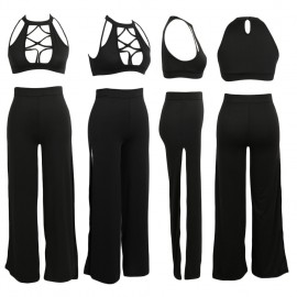 Sexy Women 2 Piece Outfits Turtleneck Sleeveless Hollow out High Split Clubwear Romper Jumpsuit Black