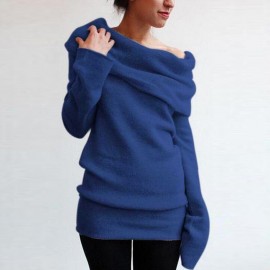 Fashion Women Off Shoulder Sweater Wool Cowl Neck Long Sleeve Solid Knitted Pullover Jumper Sweatshirt