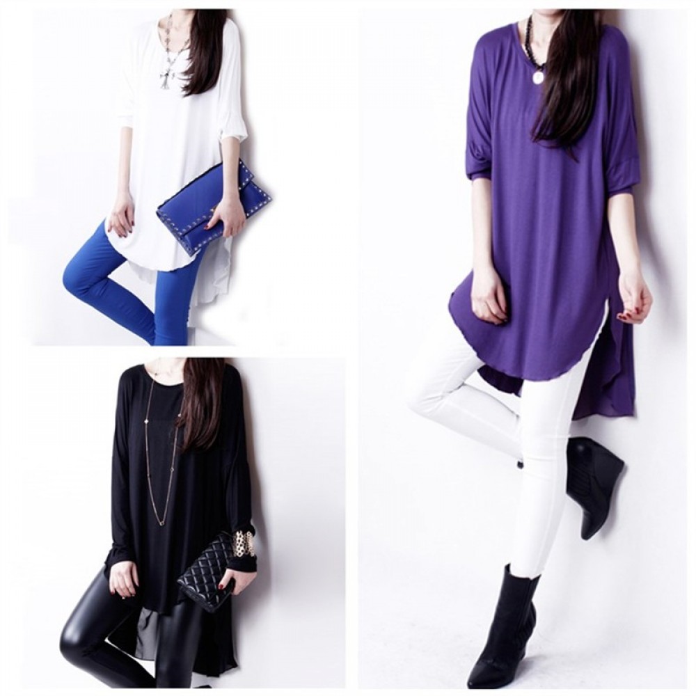 Fashion Women T-Shirt Chiffon Patchwork Asymmetric Hem O-Neck Batwing Sleeve Loose Top Black/White/Purple