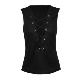 Sexy Women Crop Top Strappy Tank Tops Plunge V-Neck Lacing Up Sleeveless Solid Slim Vest Black/Grey