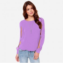 New Fashion Women Blouse Chiffon Hollow Out Solid Crew Neck Long Sleeve Loose Sexy Tops