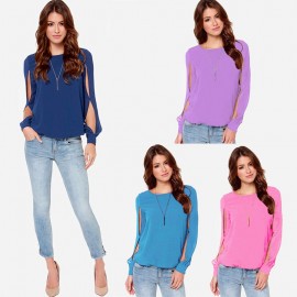New Fashion Women Blouse Chiffon Hollow Out Solid Crew Neck Long Sleeve Loose Sexy Tops