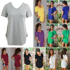 New Fashion Women T-shirt Solid Color V Neck Short Sleeve Rounded Hem Long Casual Party Wear Tops