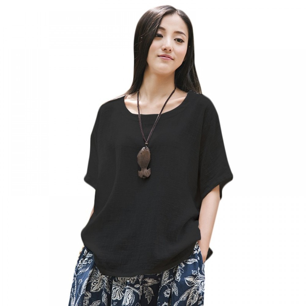 Ethnic Women Blouse Cotton Low High Asymmetrical Hemline Splits Round Neck Loose Solid T-shirt