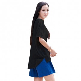 Ethnic Women Blouse Cotton Low High Asymmetrical Hemline Splits Round Neck Loose Solid T-shirt