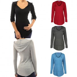 New Fashion Autumn Women Hooded T-shirt Drawstring Front Pocket Long Sleeves Tees Pullover Top