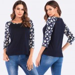 Women T-shirt Contrast Splicing Flower Print 3/4 Raglan Sleeve Round Neck Casual Spring Autumn Tops