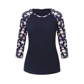 Women T-shirt Contrast Splicing Flower Print 3/4 Raglan Sleeve Round Neck Casual Spring Autumn Tops