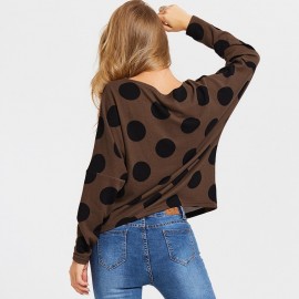Korean Fashion Women Slouchy T-shirt Polka Dot Print Knitted Short Shirt Plus Size Pullover Tops Coffee