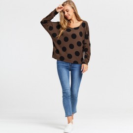 Korean Fashion Women Slouchy T-shirt Polka Dot Print Knitted Short Shirt Plus Size Pullover Tops Coffee