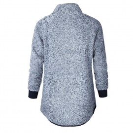 Women Fleece Sweatshirt High Neck Long Sleeve Button Casual Warm Pullover Top White/Dark Blue