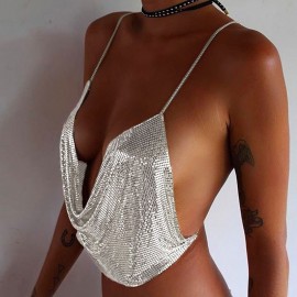Women Metal Crop Top Halter Plunge V Adjustable Chains Sleeveless Backless Sequins Party Club Vest Cropped Top