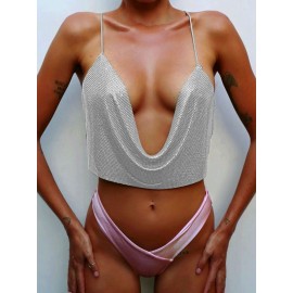 Women Metal Crop Top Halter Plunge V Adjustable Chains Sleeveless Backless Sequins Party Club Vest Cropped Top