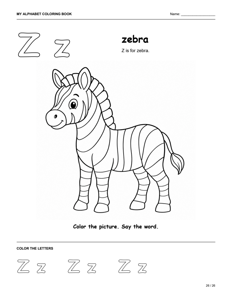 Letter Z alphabet coloring page